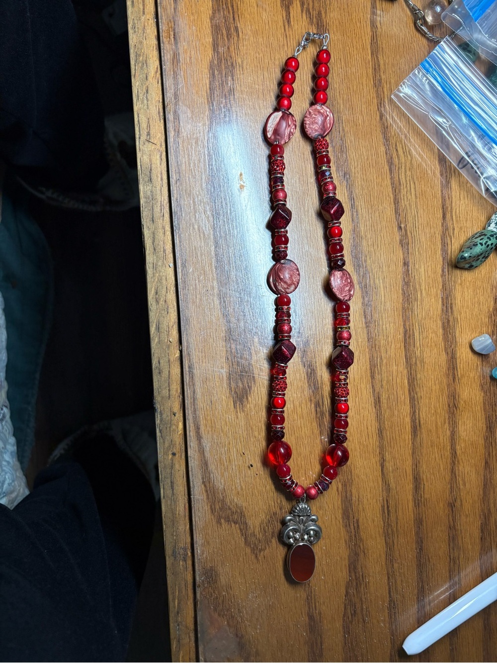Sterling Red Beaded Pendant Necklace - Unbranded 12 1/2 inches